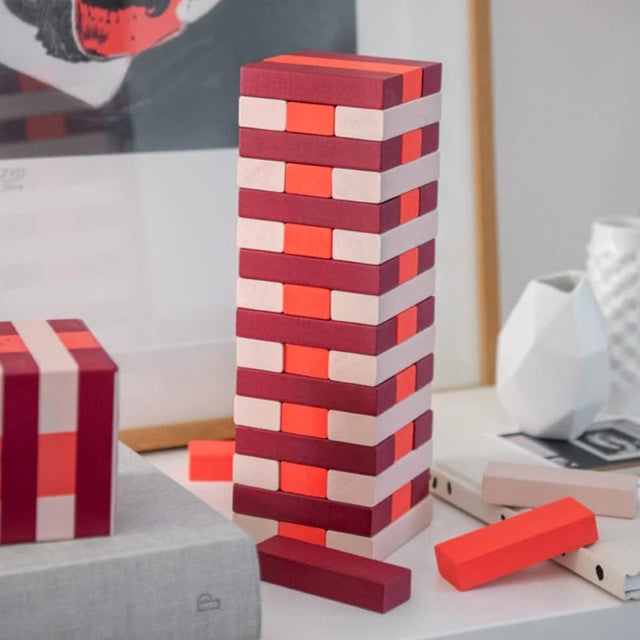 Printworks Wackelturm Spiel Tumbling Tower aus Holz in Rosa/Rot