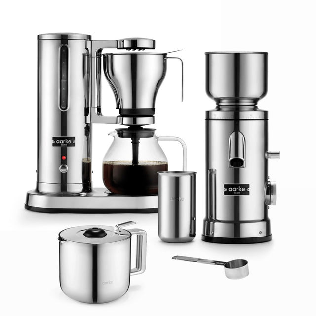 Aarke Coffee System Set – Kaffeemaschine, Kaffeemühle mit Kaffeesatzbecher, Thermoskanne und Kaffeelöffel aus Edelstahl