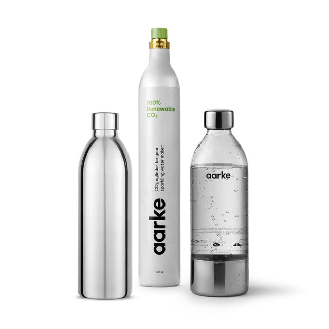 Aarke Flaschen & CO2 Nachfüll - Set für Carbonator 3 - Edelstahl + PET Flasche + CO2 - DesignWe.Love