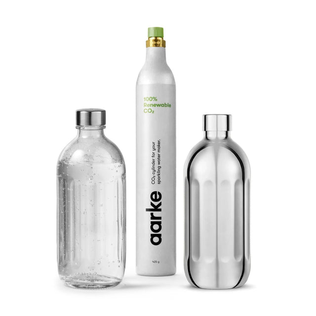 Aarke Flaschen & CO2 Nachfüll - Set für Carbonator Pro - Edelstahl + Glasflasche + CO2 - DesignWe.Love