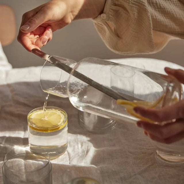 Wasser wird aus der Aarke Nesting Carafe in ein Glas mit Zitronenscheibe gegossen
04: