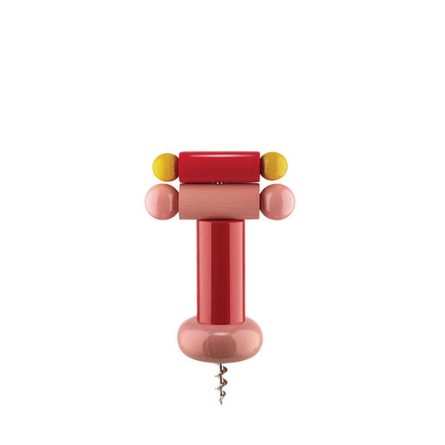 Alessi Korkenzieher Twergi ES17 in Gelb, Rosa und Rot, freigestellt – Design Ettore Sottsass