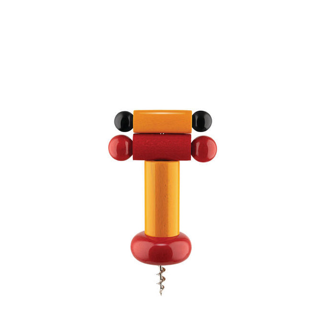 Alessi Korkenzieher Twergi ES17 in Gelb, Schwarz und Rot, freigestellt – Design Ettore Sottsass