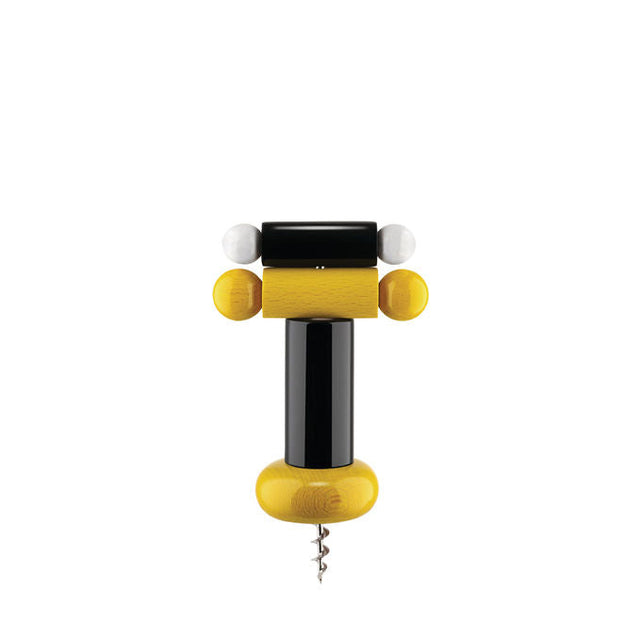 Alessi Korkenzieher Twergi ES17 in Gelb, Schwarz und Weiß, freigestellt – Design Ettore Sottsass