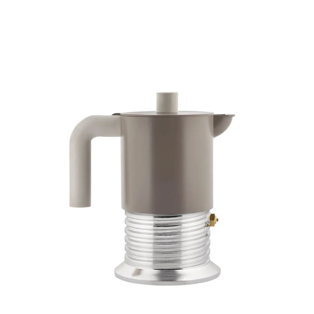 Alessi Vite Espressokocher 3 Tassen in Warmgrau mit cremegrauem Griff, freigestellt