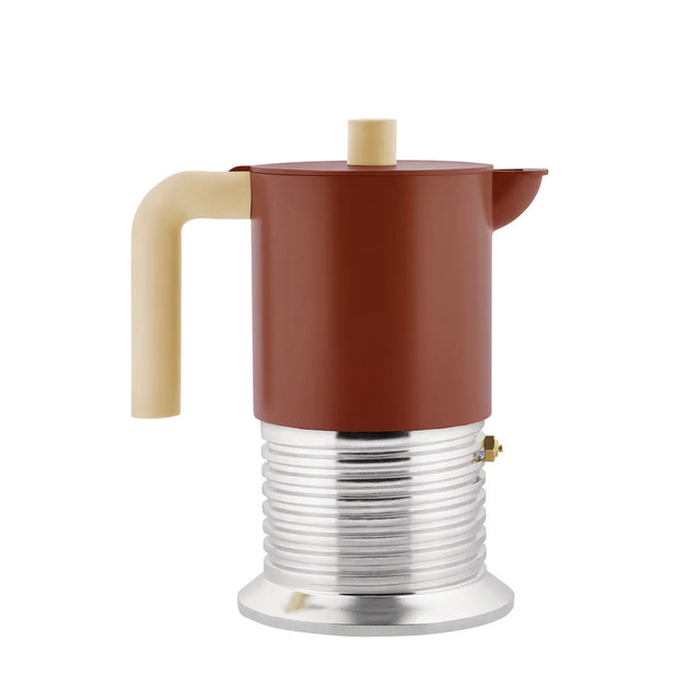 Alessi Vite Espressokocher 6 Tassen in Braun mit cremefarbenem Griff, freigestellt