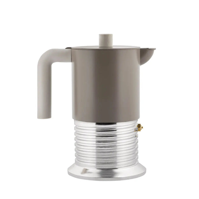 Alessi Vite Espressokocher 6 Tassen in Warmgrau mit cremegrauem Griff, freigestellt