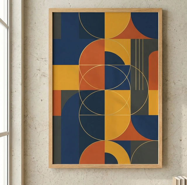 Bilderrahmen aus Eichenholz 50x70 mit Bauhaus Grafik an einer Betonwand