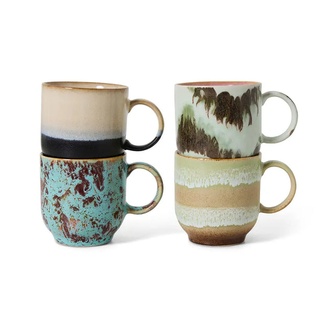 HK Living 70s Ceramics Café Becher Abstract 4er Set – handbemaltes Stoneware, 250 ml, mit Henkel, kunstinspirierte Töne, Artistic-Linie gestapelt