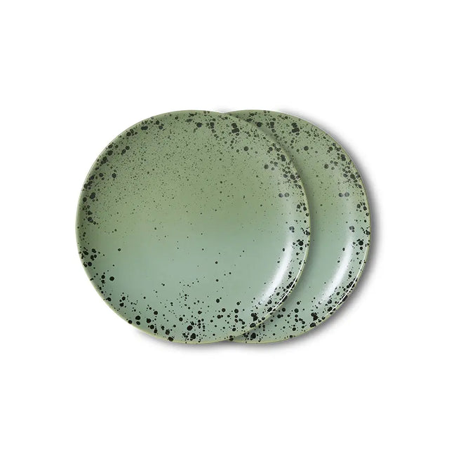 HKliving 70s Ceramics Dessertteller Fleck im 2er Set – salbeigrüner Keramikteller mit Sprenkeln