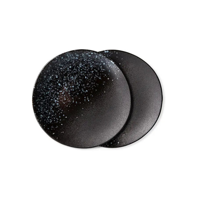 HKliving 70s Ceramics Dessertteller Stars im 2er Set – schwarzer Keramikteller mit hellen Einsprengseln
