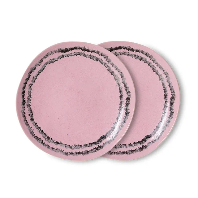 HKliving 70s Ceramics Frühstücksteller Bubble 2er Set – Stoneware Ø 22 cm, weiches Rosa, organischer dunkler Ring, handbemalt, KST0214