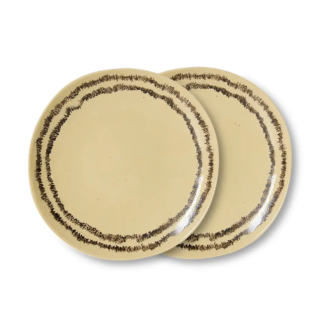HKliving 70s Ceramics Frühstücksteller Vanilla 2er Set – Stoneware Ø 22 cm, cremiges Weiß, handgezeichneter Ring, handbemalt, KST0212