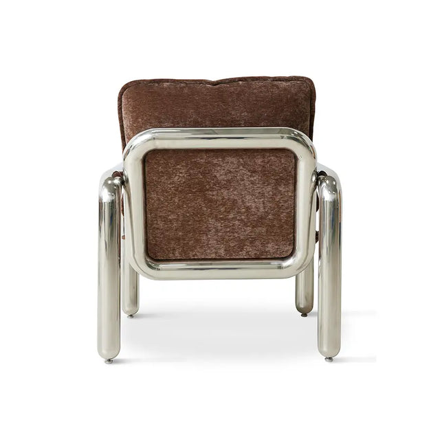 Chrome Lounge Sessel von HKliving in Samt Braun – Rückansicht mit Chromgestell und Samtbezug