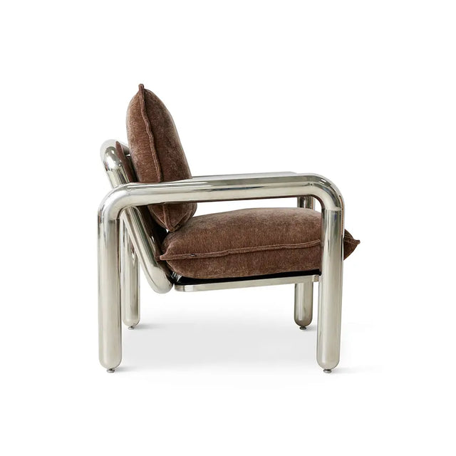 Chrome Lounge Sessel von HKliving in Samt Braun – Seitenansicht mit Sitz- und Rückenkissen