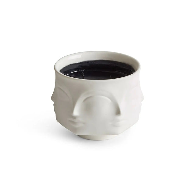 Muse Noir Duftkerze von Jonathan Adler – weißes Porzellangefäß mit schwarzem Wachs, Dora-Maar-Gesicht, Draufsicht