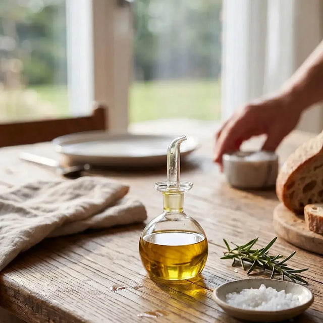 Gefüllte Ölflasche mit Ausgießer aus Klarglas auf Holztisch, daneben Rosmarin, Salz und Brot