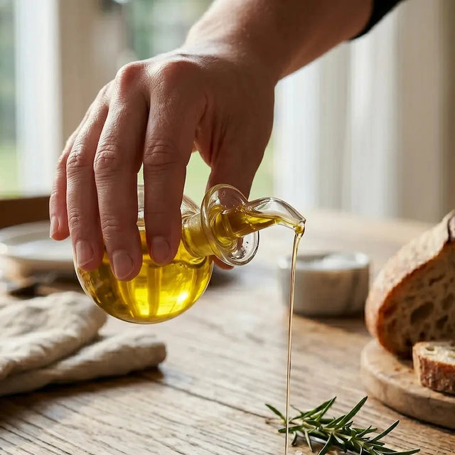 lflasche mit Ausgießer beim Einschenken von Olivenöl auf rustikalem Holztisch mit Brot und Rosmarin
