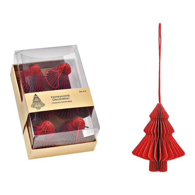 Honeycomb Tannenbaum-Anhänger 6er-Set Rot – Christbaumschmuck aus Papier