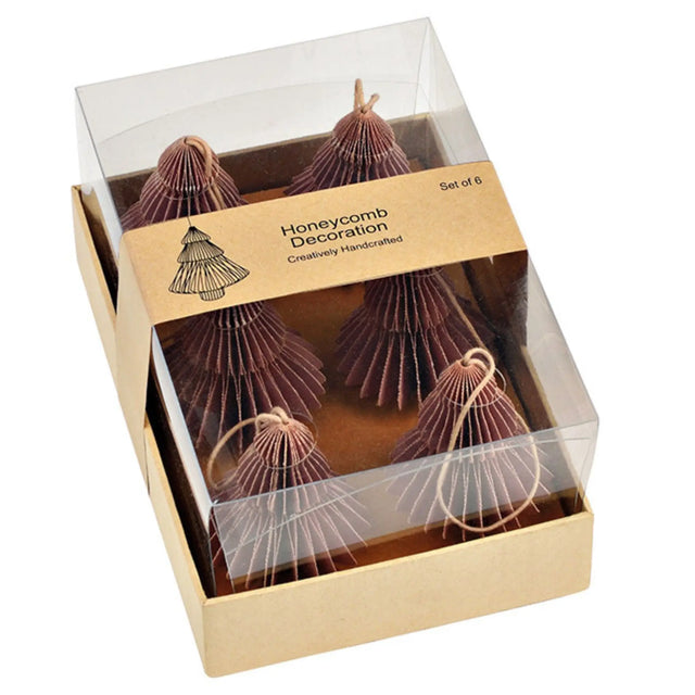 Honeycomb Tannenbaum-Anhänger 6er-Set Altrosa – Christbaumschmuck aus Papier