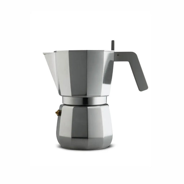 Alessi Moka Espressokocher Induktion 9 Tassen in Aluminium-Grau, freigestellt – Design David Chipperfield