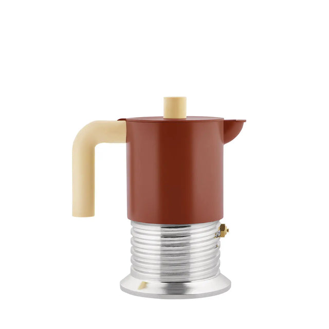 Alessi Vite Espressokocher 3 Tassen in Braun mit cremefarbenem Griff, freigestellt