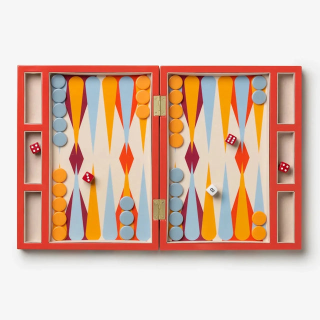 Printworks Backgammon Set Red – Holzbrett lackiert mit bunten Spielsteinen