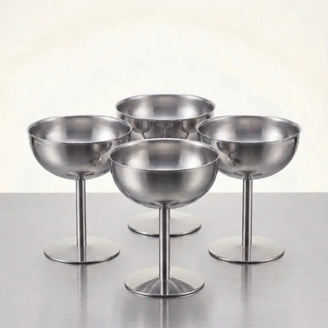 4er Set Eisbecher aus Chrom-Edelstahl auf Fuß, leere Becher Produktfoto