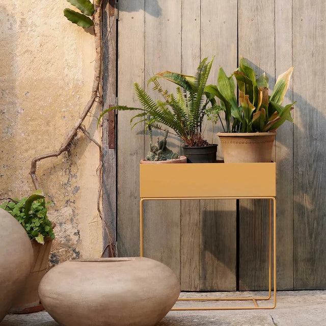 ferm LIVING Plant Box in Straw – mit Pflanzen im Aussenbereich