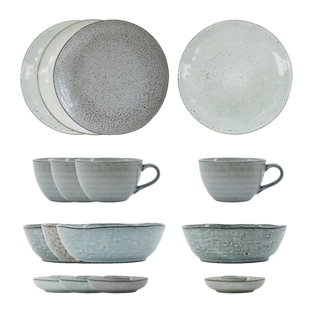 Frühstücksset Rustic in Grau und Blau mit Sprenkelmuster, 16-teiliges Brunch-Set von House Doctor – Packshot
