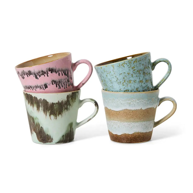 HK Living 70s Ceramics Cappuccino Becher Dada 4er Set – Stoneware mit handbemalter Glasur, 330 ml, kühle kunstinspirierte Töne, mit Henkel