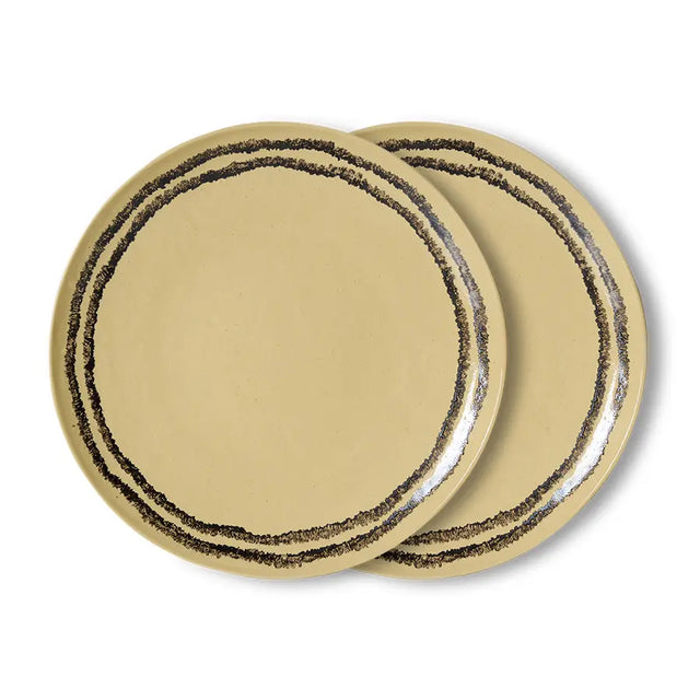 HK Living 70s Ceramics Dinner Plate Vanilla 2er Set – Stoneware Essteller Ø 27,5 cm, warmes Cremeton, handgezeichneter Ring, handbemalt, KST0208