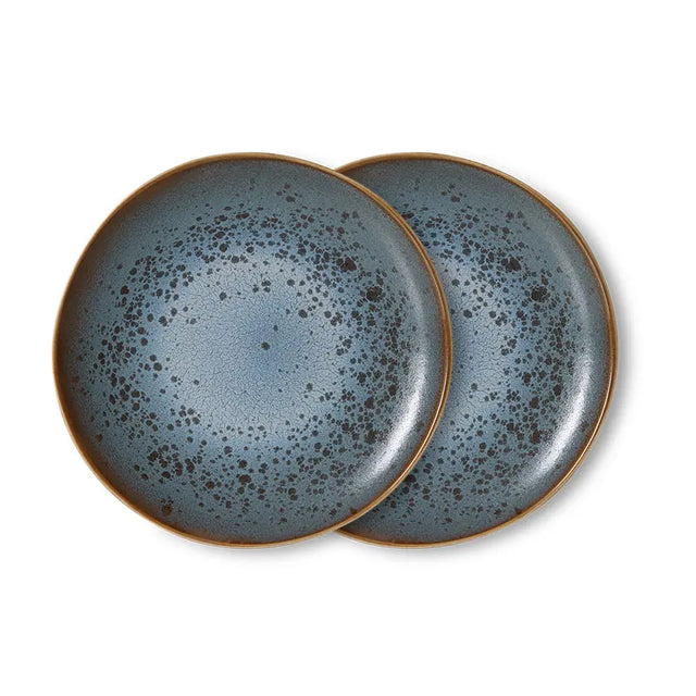 HKliving 70s Ceramics Frühstücksteller Mineral 2er Set – Stoneware Ø 22 cm, tiefes Blau, Sprenkel-Muster, reaktive Glasur, KST0211
