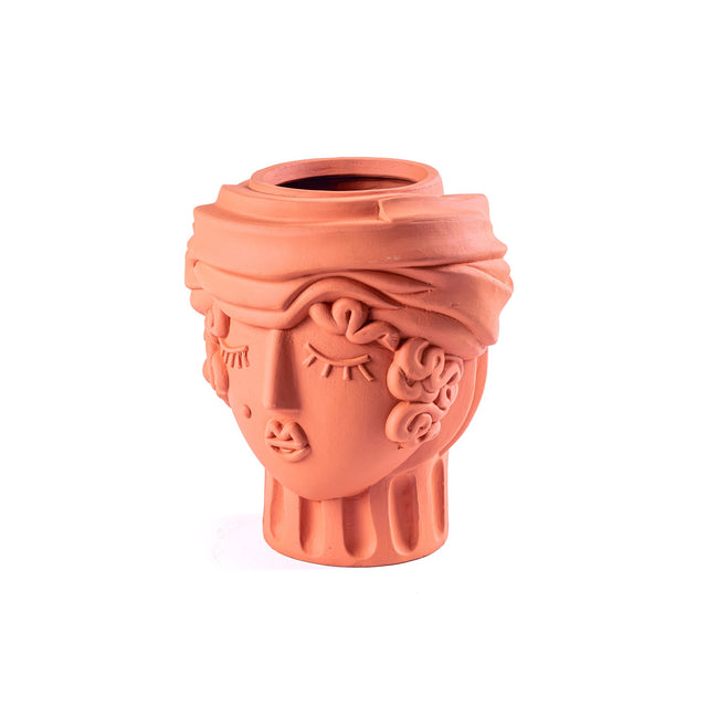 Terrakotta Kopf Vase Frau von Seletti in Seitenansicht mit Blütenrelief